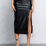 No Vacancy - Pleather midi skirt w/ lace up detail