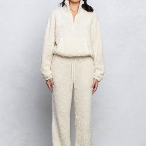 No Vacancy - Teddy bear cozy half zipup top and straight pants lounge set