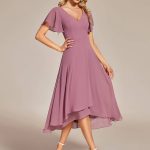 V-Neck High Low CHiffon Ruffles Evening Dress