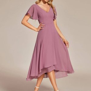 V-Neck High Low CHiffon Ruffles Evening Dress