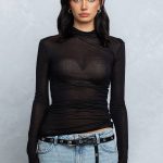 No Vacancy - Sheer mock neck long sleeve ruched top