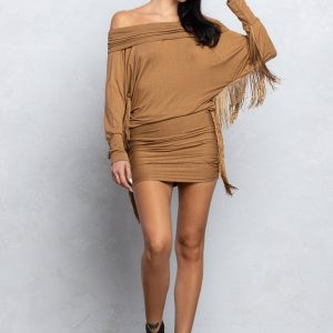 No Vacancy - Off shoulder loose fit tassels mini dress