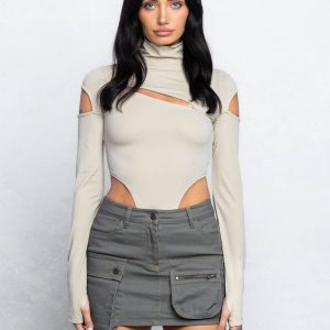 No Vacancy - Front slit and cold shoulder mock neck bodysuits