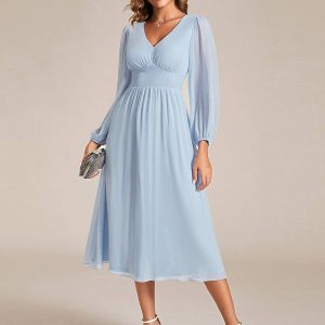 Knee Length Long Sleeves Chiffon Wedding Guest Dress