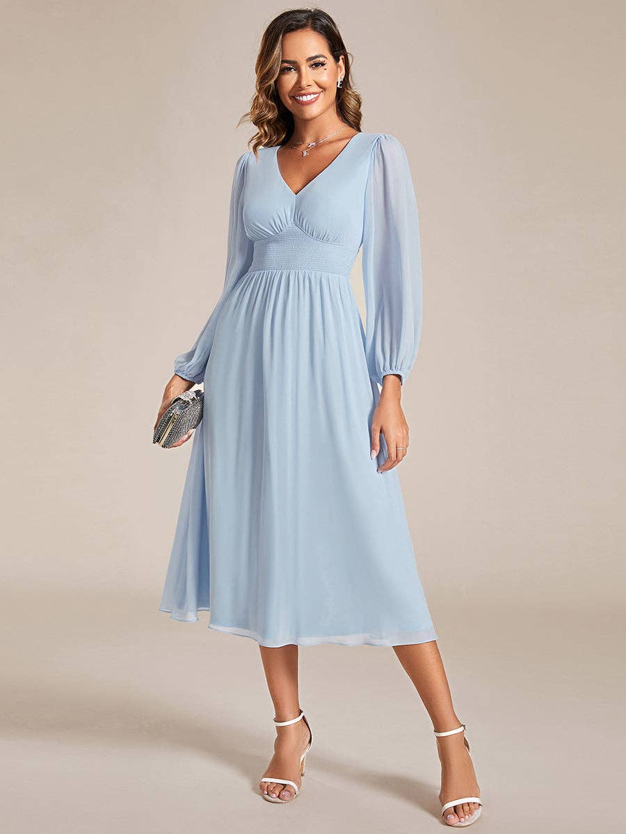 Knee Length Long Sleeves Chiffon Wedding Guest Dress