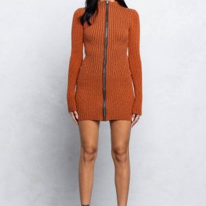 No Vacancy - Ribbed long sleeve zip-up knit dress