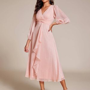 Shiny Chiffon Wedding Guest Dress with Long Sleeve