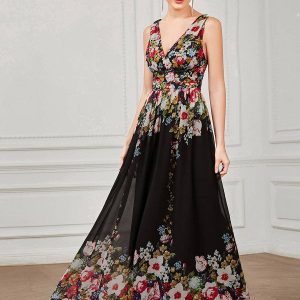 Elegant Maxi Long Evening Dress With Double V-Neck