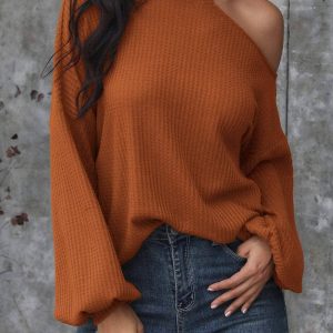 Flarix - Waffle knit cut out shoulder lantern sleeve tee