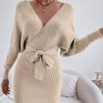 Flarix - Sleeve belted cut out backless sweater dress