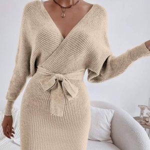Flarix - Sleeve belted cut out backless sweater dress
