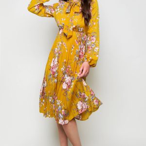 Flarix - Tie neck lantern sleeve pleated floral dress