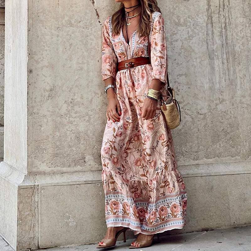 Flarix - Wrap v neck beach party flowy ruffle long dress