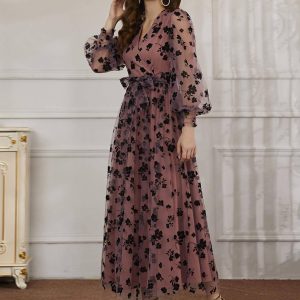 Flarix - Floral mesh belted surplice front dress