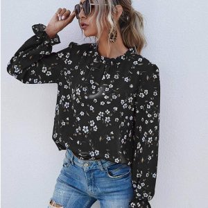 Flarix - Flounce sleeve frill neck floral print blouse