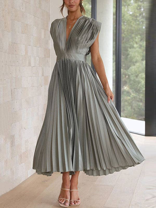 A-Line Loose Pleated Solid Color V-Neck Midi Dresses