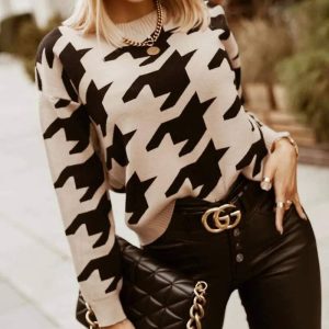 Flarix - Houndstooth print long sleeve sweater