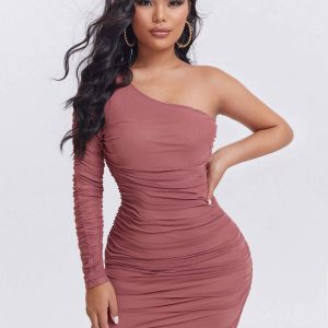 Flarix - One shoulder mesh ruched bodycon dress