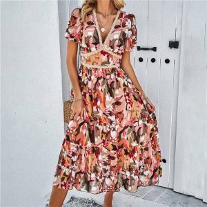 Casual V-Neck High Waist Printed Dress