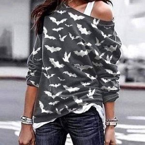 Flarix - One shoulder halloween bat print cozy sweatshirt