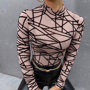 Flarix - Mock neck geo print mesh top without bra