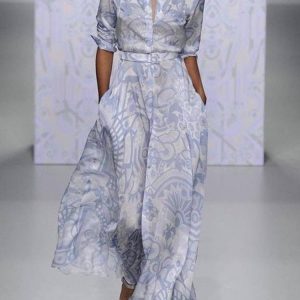 Women Elegant Pattern Print Party Dress Turn-down Collar Maxi Dress