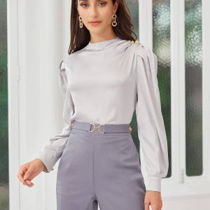Flarix - Keyhole back ruched shoulder lantern sleeve top