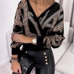 Flarix - V neck long sleeve geometric print top