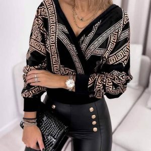 Flarix - V neck long sleeve geometric print top