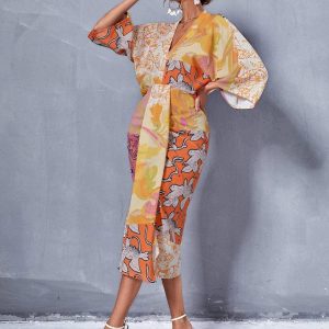 Flarix - Floral paisley print v neck batwing sleeve dress