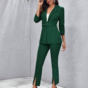 Flarix - Buckle belted blazer and split hem pants set