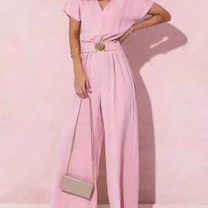 High Waisted Loose Belted Pleated V-Neck Jumpsuits