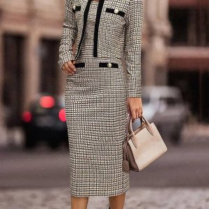 Long Sleeves Buttoned Plaid Round-Neck Outerwear + Midi Dresses Two Pieces Set