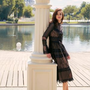 Kos Couture - Long Sleeve Lace Formal Black Cocktail Dress