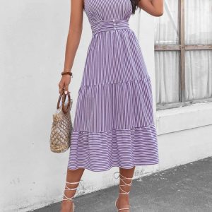 Blak Wardrob - Striped Johnny Collar Sleeveless Midi Dress