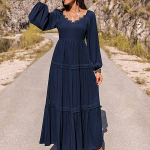 Blak Wardrob - Long Sleeve Lace Trim Maxi Dress