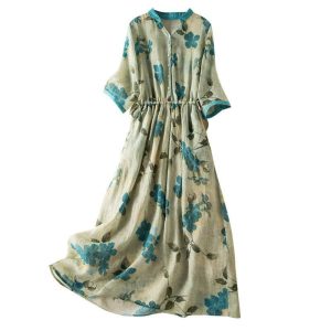 Linen Dress Mid Length Pleated Loose Organ