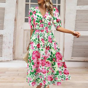Blak Wardrob - Ruched Printed Surplice Short Sleeve Dress