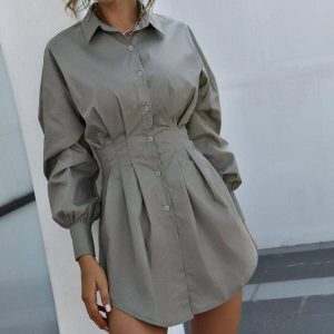 Blak Wardrob - Ladies Gathered Waist Long Sleeve Shirt Dress