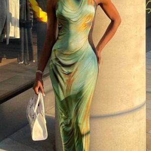 Sheer Trend - Skinny Sleeveless Printed Round-Neck Midi Dresses