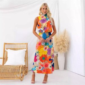 Sheer Trend - Stylish Floral Print Halter Neck Maxi Dress