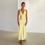 Sheer Trend - Satin V-Neck Backless Bodycon Maxi Dress With Tie Detail