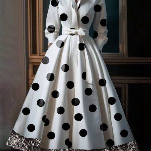 Sheer Trend - A-Line High Waisted Belted Lace-Up Patchwork Pockets Polka Dot Stand Collar Maxi Dresses