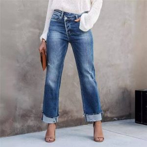 Sheer Trend - High-Waisted Wide Leg Jeans With Turn-Up Hem