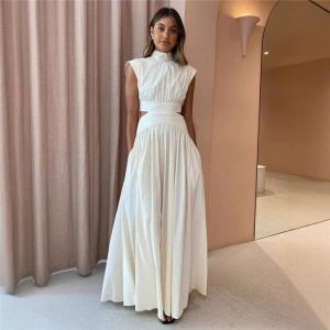 Sheer Trend - Solid Color Off-The-Shoulder Pleated Maxi Dress
