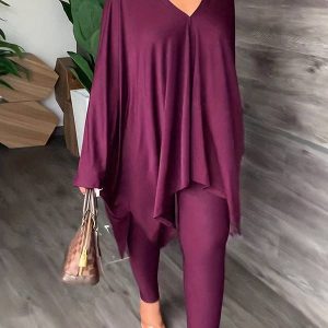 Sheer Trend - Batwing Sleeves Loose Solid Color V-Back V-Neck Shirts Tops&Pants Suits