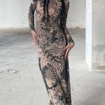 Sheer Trend - Long Sleeves Skinny Printed See-Through Split-Joint High Neck Evening Dresses Maxi Dresses