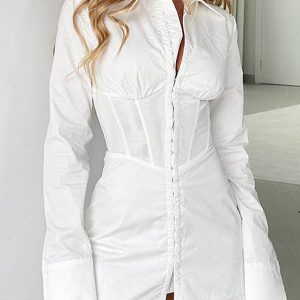 Sheer Trend - High Waisted Long Sleeves Buckle Solid Color Split-Front Lapel Mini Dresses