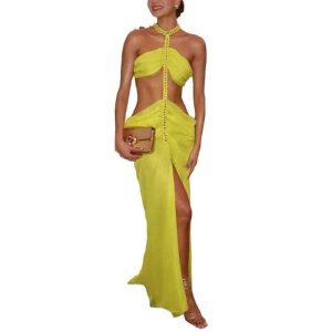 Sheer Trend - Irregular Halter Split Chain Maxi Dress