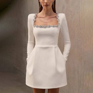 Sheer Trend - Short Dress With Jewel-Embellished Square Neckline